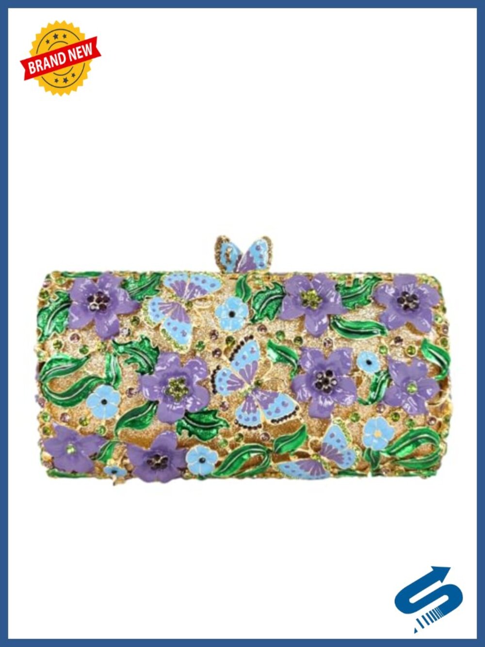 Crystal Butterfly Clutch Evening Bag with Faux Leather Detachable Straps Small